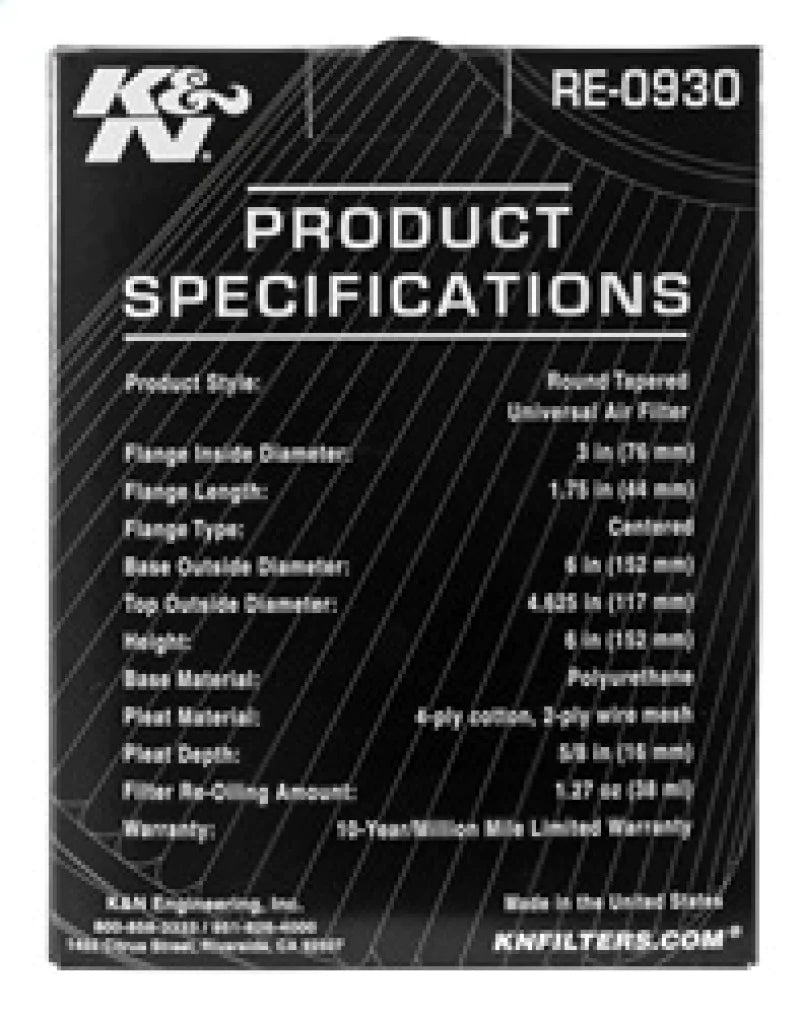 K&N Universal Rubber Filter - Round Tapered 6in Base OD - RE-0930