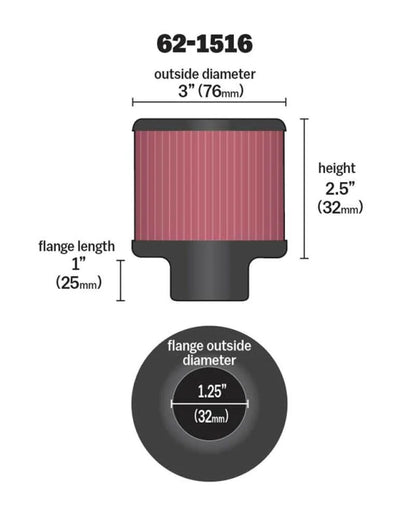 K&N 1in Flange L x 3in OD x 2.5in Height - 62-1516