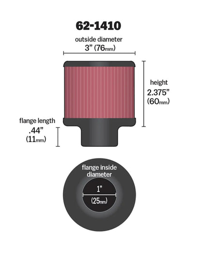 K&N 1 inch ID 3 inch OD 2.375 inch H - 62-1410