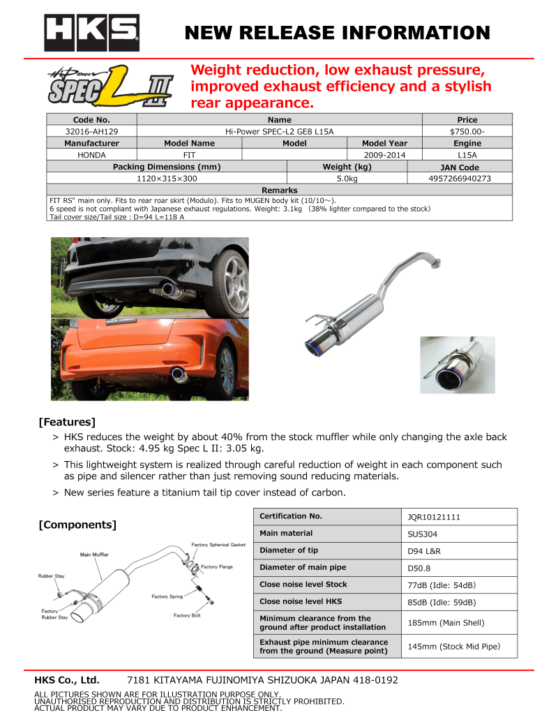 HKS Hi-Power Muffler SPEC-L2 GE8 L15A HONDA - 32016-AH129