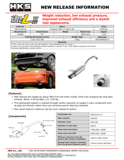 HKS Hi-Power Muffler SPEC-L2 GE8 L15A HONDA - 32016-AH129