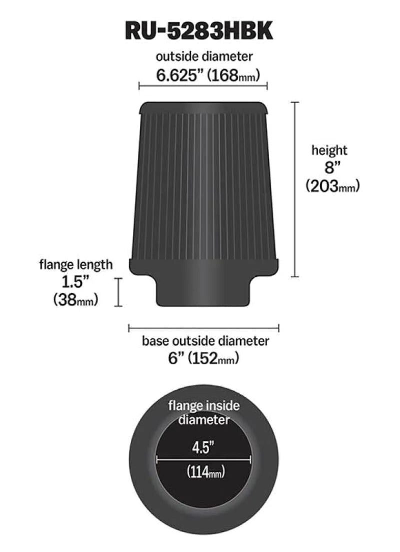 K&N Universal Rubber Filter-Round Tapered 4.5in Flange ID x 8in - RU-5283HBK