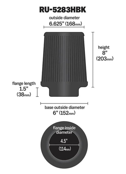 K&N Universal Rubber Filter-Round Tapered 4.5in Flange ID x 8in - RU-5283HBK