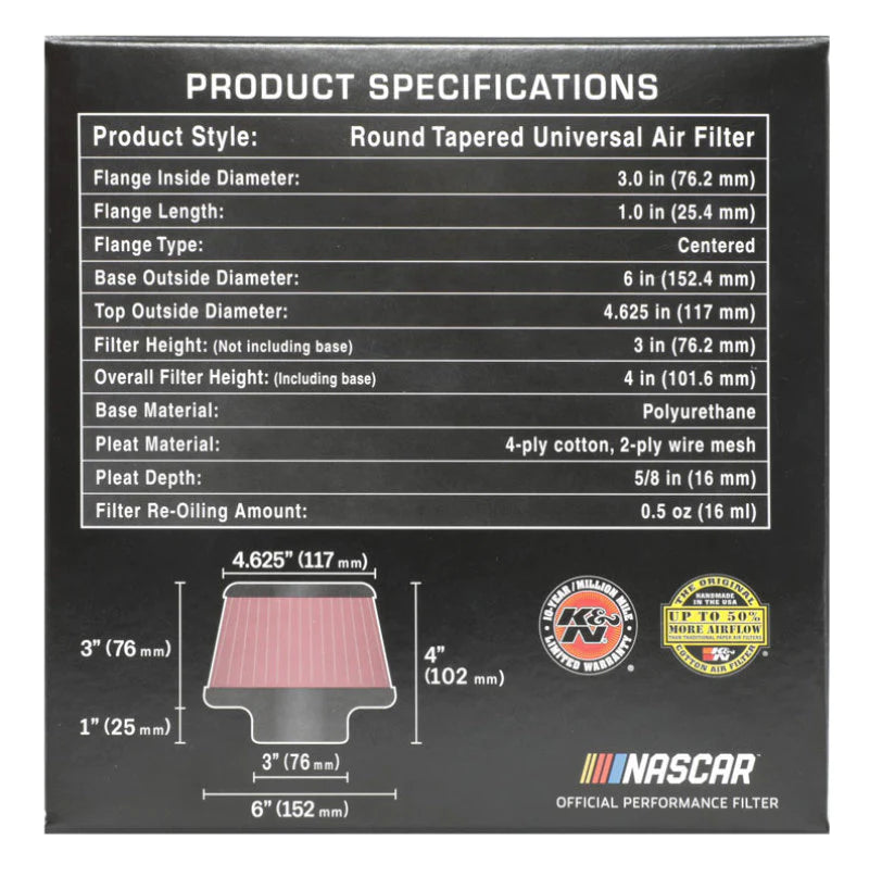 K&N Universal Round Clamp-On Air Filter 3in Flange ID x - RU-5288