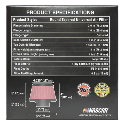 K&N Universal Round Clamp-On Air Filter 3in Flange ID x - RU-5288