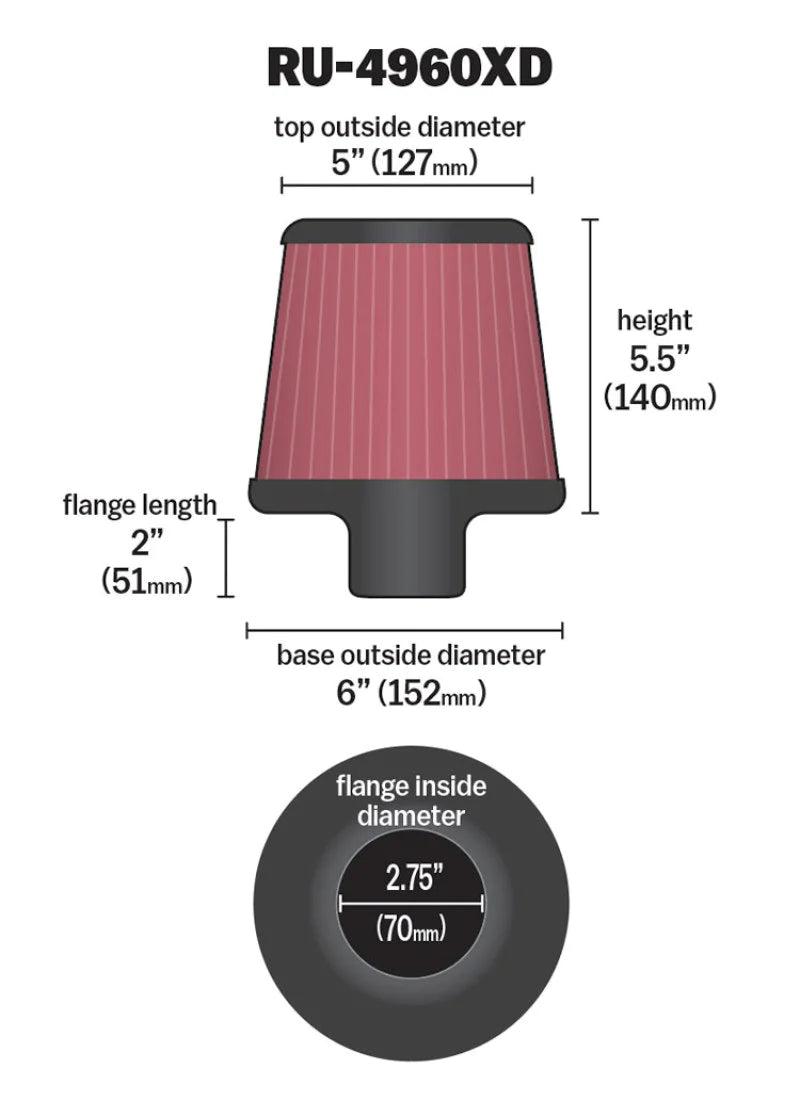 K&N Filter Universal Clamp-On Filter-Round Tapered 2.75in Flange ID x - RU-4960XD