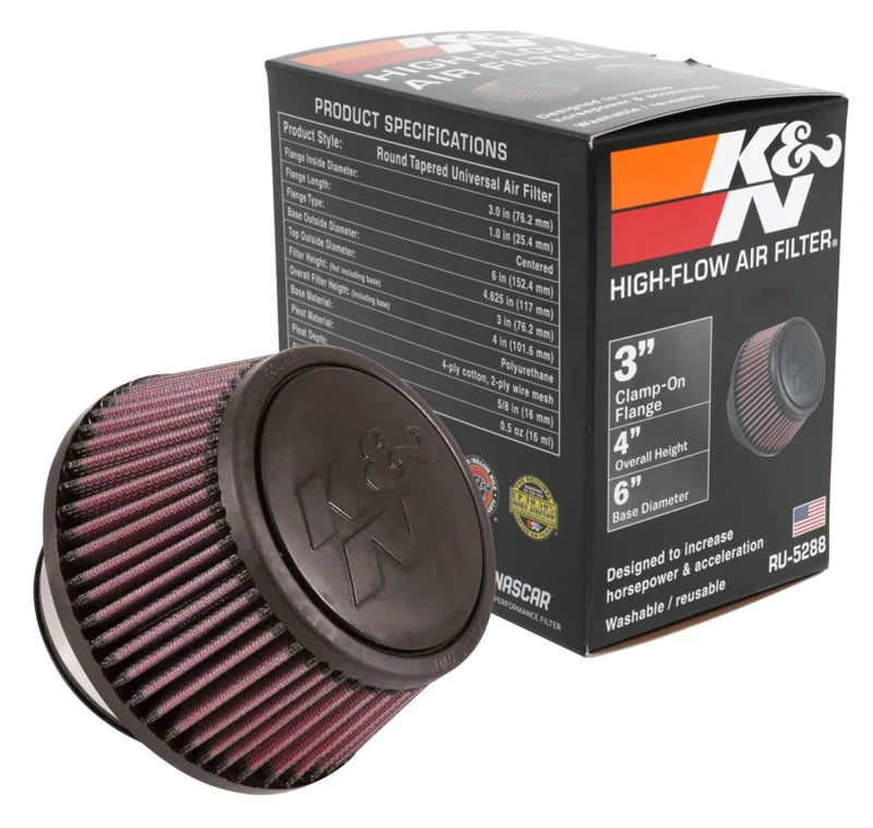 K&N Universal Round Clamp-On Air Filter 3in Flange ID x - RU-5288