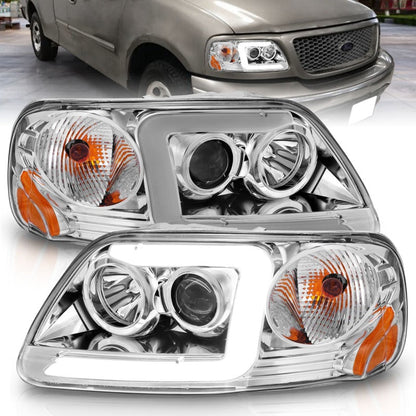 ANZO 1997-2003 Ford F-150 Projector Headlights w/ Light Bar Chrome - 111504