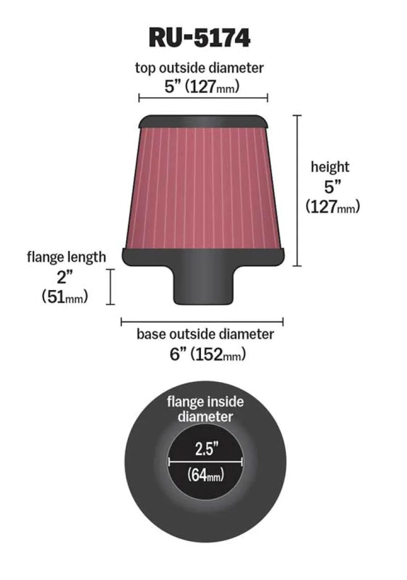 K&N Universal Rubber Filter-Round Tapered 2.5in Flange ID x 6in - RU-5174