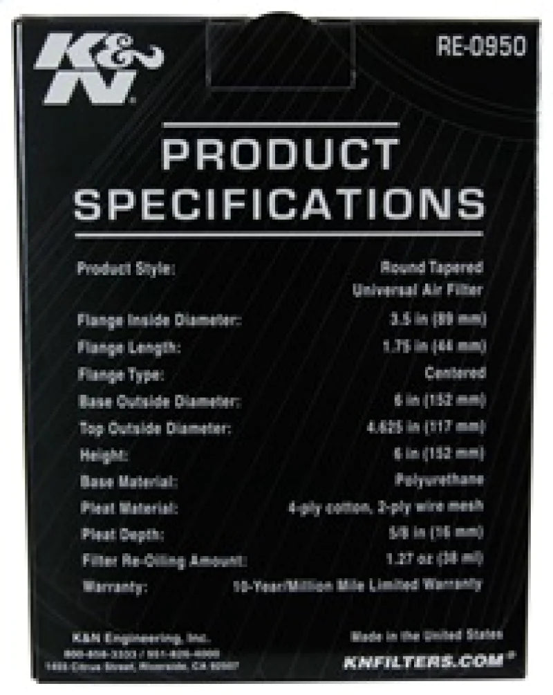 K&N Universal Rubber Filter 3 1/2inch ID FLG / 6inch - RE-0950
