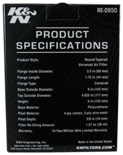 K&N Universal Rubber Filter 3 1/2inch ID FLG / 6inch - RE-0950
