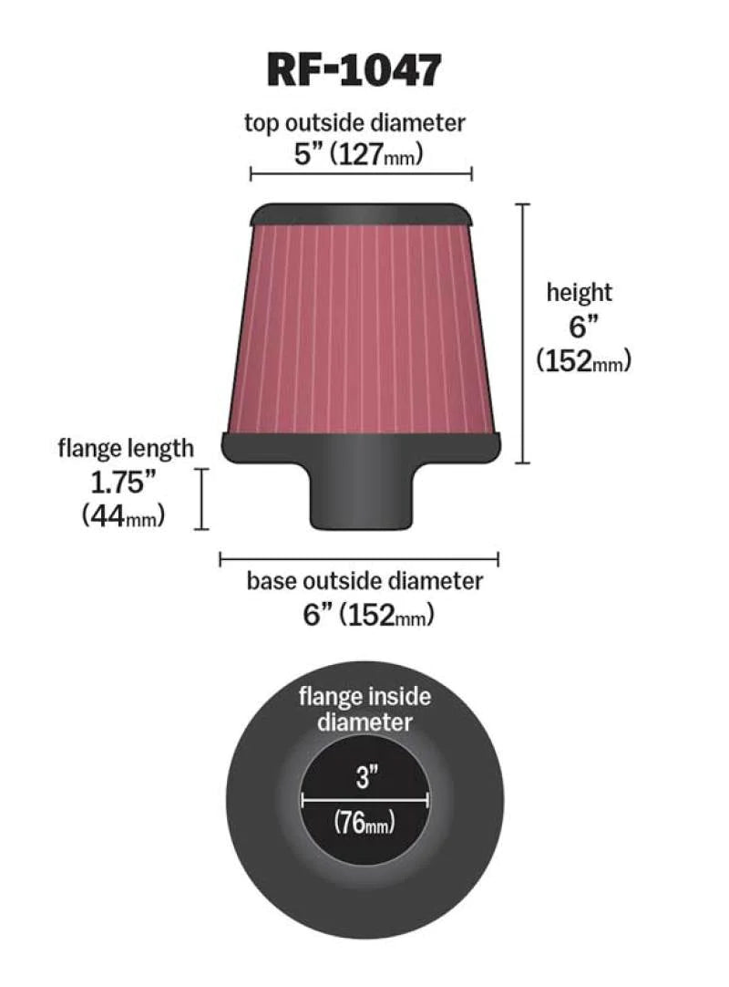 K&N Round Tapered Universal Air Filter 3 inch Flange 6 - RF-1047