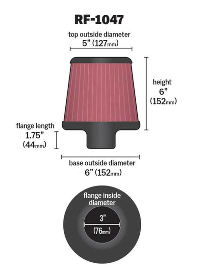 K&N Round Tapered Universal Air Filter 3 inch Flange 6 - RF-1047