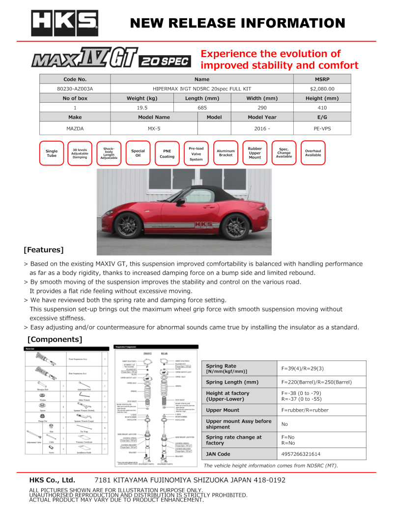 HKS HIPERMAX IV GT SPEC20 ND5RC FULL KIT - 80230-AZ003A