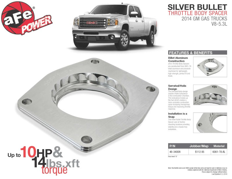 aFe Silver Bullet Throttle Body Spacers TBS 2014 GM Silverado/Sierra - 46-34008-C-Dub Tech