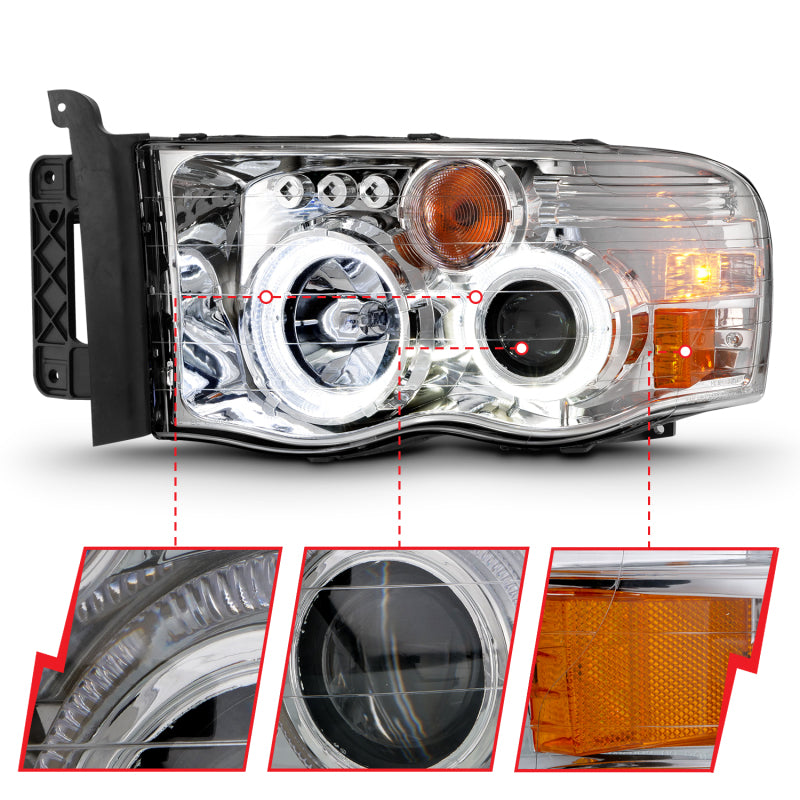 ANZO 2002-2005 Dodge Ram 1500 Projector Headlights w/ Halo Chrome - 111491-C-Dub Tech