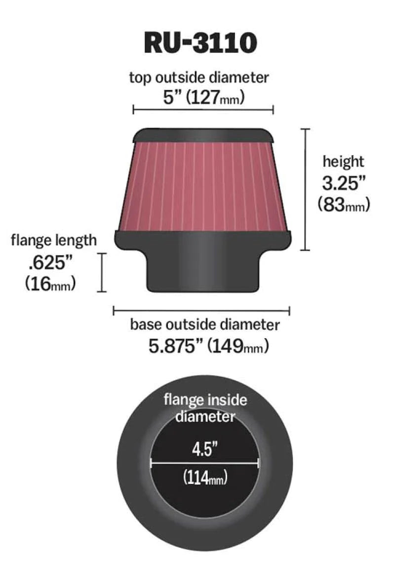 K&N Universal Rubber Filter Round Tapered 4.5in Flange ID x - RU-3110