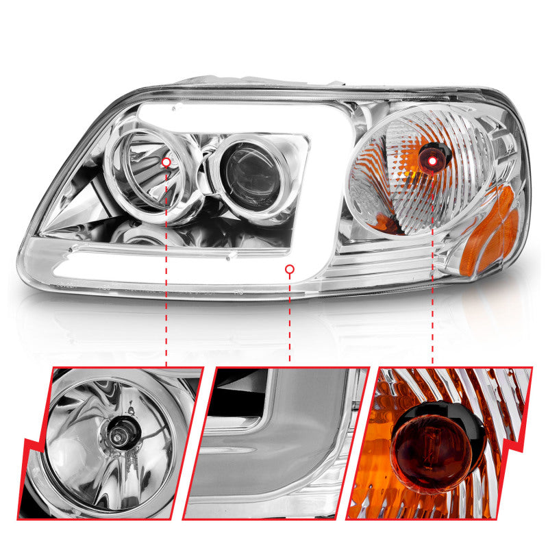 ANZO 1997-2003 Ford F-150 Projector Headlights w/ Light Bar Chrome - 111504