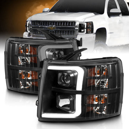 ANZO 07-13 Chevrolet Silverado 3500 Projector Headlights - Black Amber - 111480-C-Dub Tech