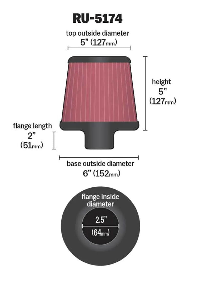 K&N Universal Rubber Filter-Round Tapered 2.5in Flange ID x 6in - RU-5174