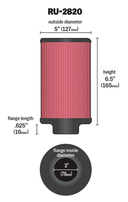K&N Filter 3 inch Flange 5 inch OD 6 1/2 - RU-2820