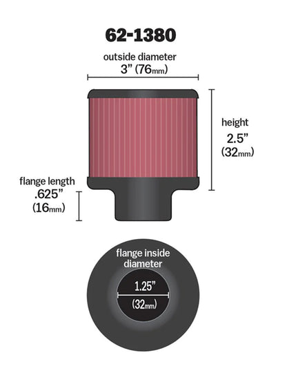 K&N 1.25in Flange ID x 3in OD x 2.5 inch - 62-1380