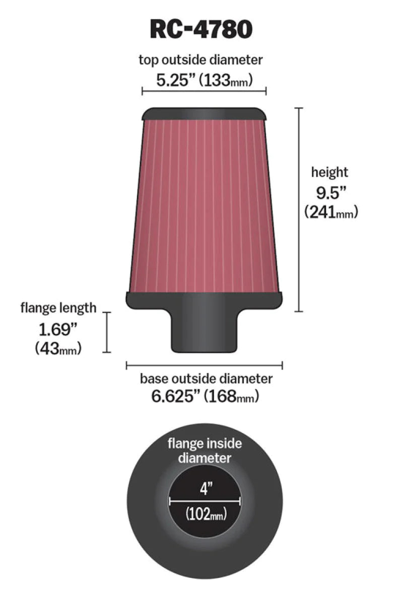 K&N Universal Filter Round Tapered 4in FlangeID / 6.625in Base - RC-4780
