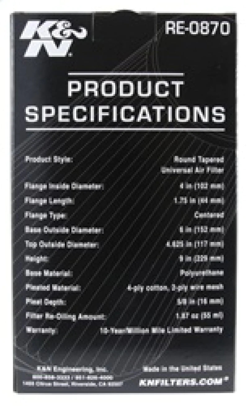 K&N Universal Rubber Filter 4inch FLG / 6inch OD-B / - RE-0870