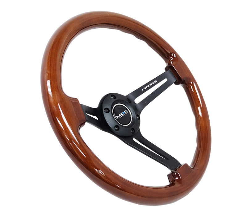 NRG Reinforced Steering Wheel (350mm / 3in. Deep) Brown Wood - RST-018BR-BK