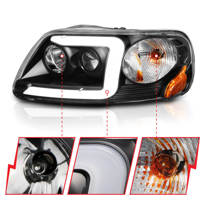 ANZO 1997-2003 Ford F-150 Projector Headlights w/ Light Bar Black - 111503