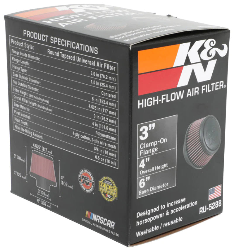 K&N Universal Round Clamp-On Air Filter 3in Flange ID x - RU-5288