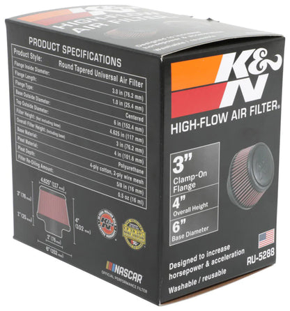 K&N Universal Round Clamp-On Air Filter 3in Flange ID x - RU-5288