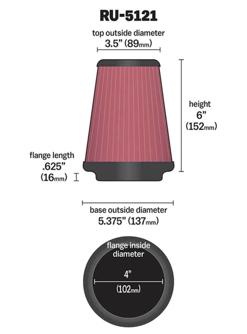K&N Filter Universal Rubber Filter 4inch Flange 5 3/8inch Base - RU-5121