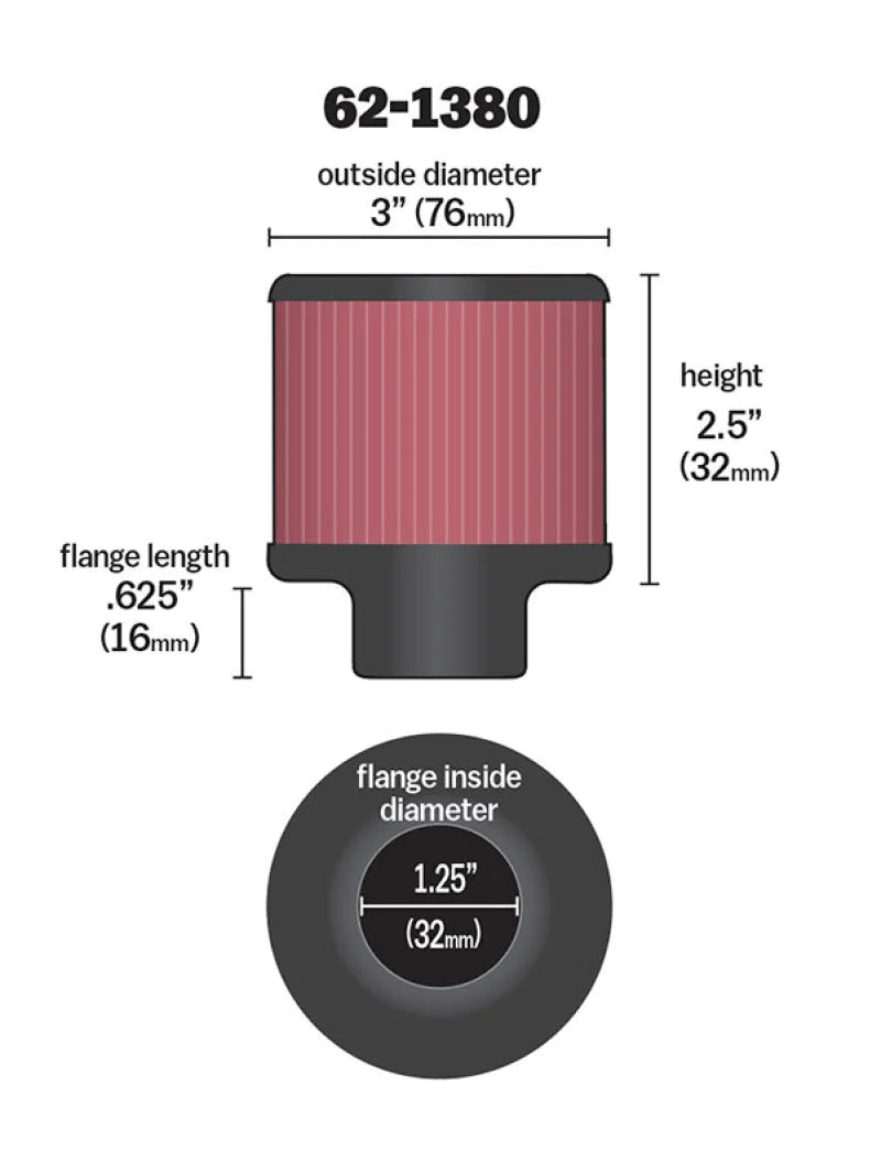 K&N 1.25in Flange ID x 3in OD x 2.5 inch - 62-1380