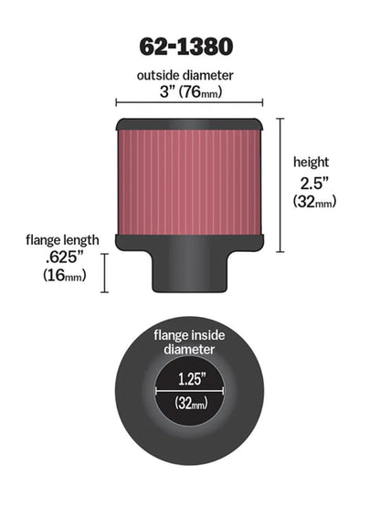 K&N 1.25in Flange ID x 3in OD x 2.5 inch - 62-1380