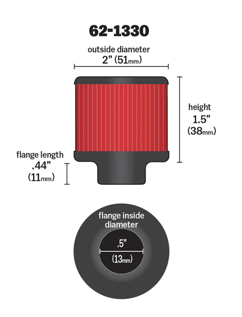 K&N Clamp On Rubber Base Crankcase Vent Filter 0.5in Flange - 62-1330