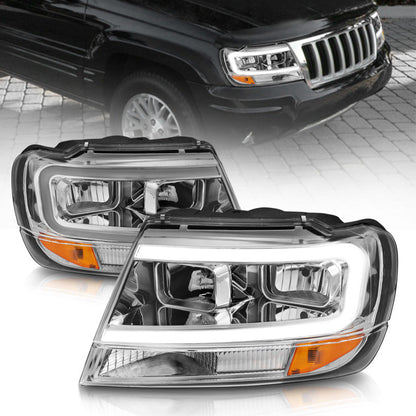 ANZO 1999-2004 Jeep Grand Cherokee Crystal Headlights w/ Light Bar - 111538-C-Dub Tech