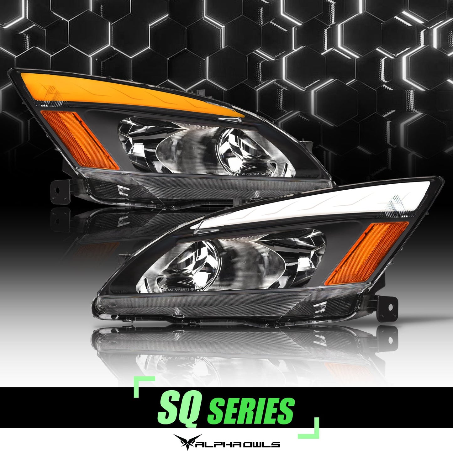 Alpha Owls 2003-2007 Honda Accord SQ Series Headlights (Crystal Headlights Black housing w/ Sequential Signal/LumenX Light Bar)-C-Dub Tech