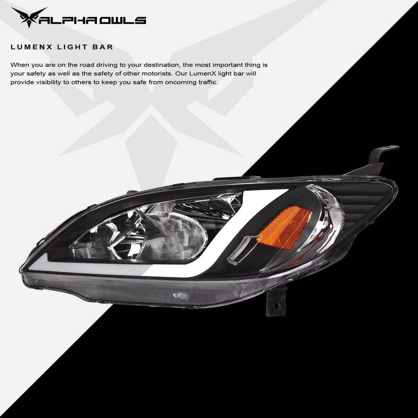 Alpha Owls 2004-2005 Honda Civic LM Series Headlights (Crystal Headlights Black housing w/ LumenX Light Bar)-C-Dub Tech