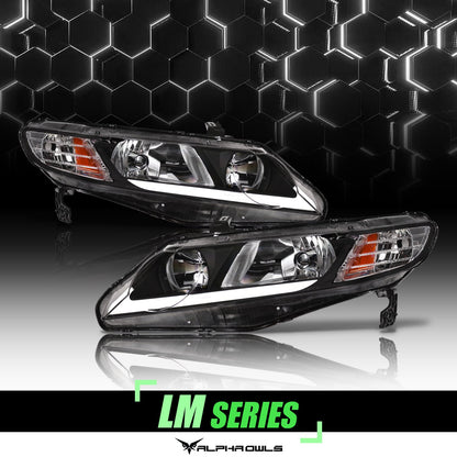 Alpha Owls 2006-2011 Honda Civic 4DR LM Series Headlights (Crystal Headlights Black housing w/ LumenX Light Bar)-C-Dub Tech