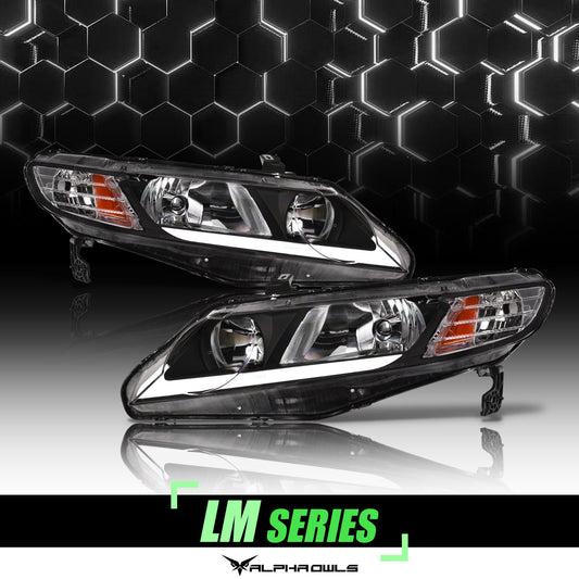 Alpha Owls 2006-2011 Honda Civic 4DR LM Series Headlights (Crystal Headlights Black housing w/ LumenX Light Bar)-C-Dub Tech
