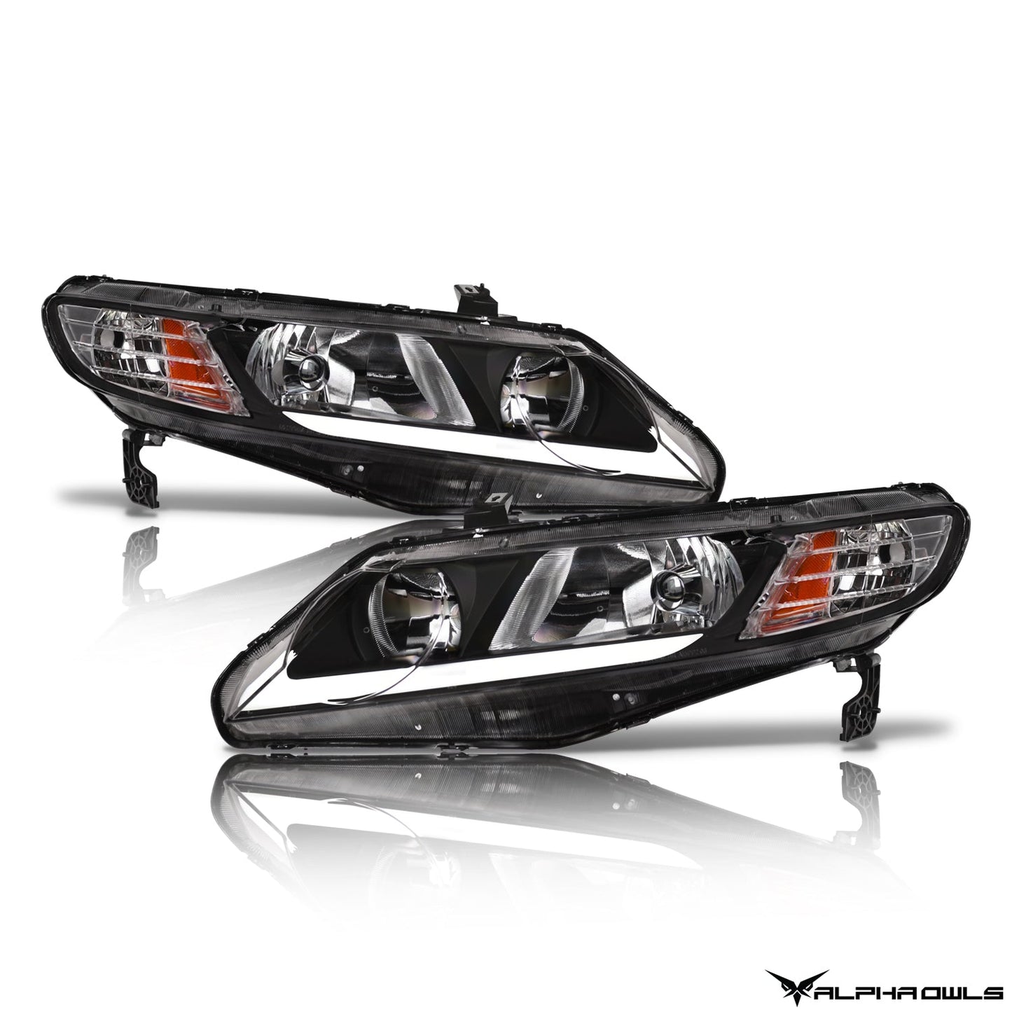 Alpha Owls 2006-2011 Honda Civic 4DR LM Series Headlights (Crystal Headlights Black housing w/ LumenX Light Bar)-C-Dub Tech