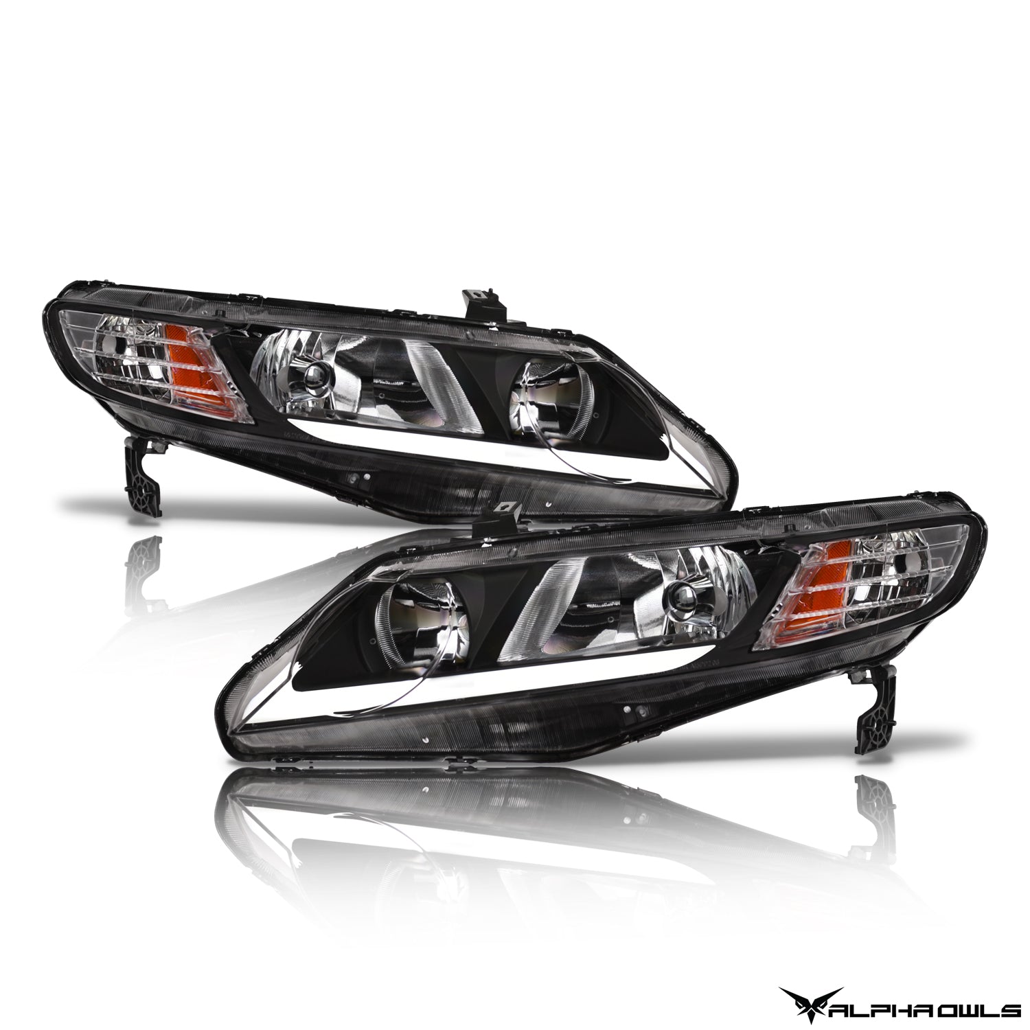 Alpha Owls 2006-2011 Honda Civic 4DR LM Series Headlights (Crystal Headlights Black housing w/ LumenX Light Bar)-C-Dub Tech
