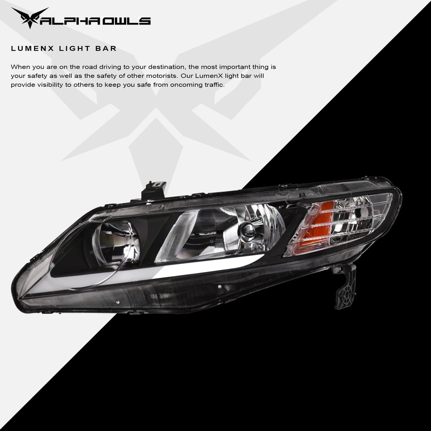 Alpha Owls 2006-2011 Honda Civic 4DR LM Series Headlights (Crystal Headlights Black housing w/ LumenX Light Bar)-C-Dub Tech
