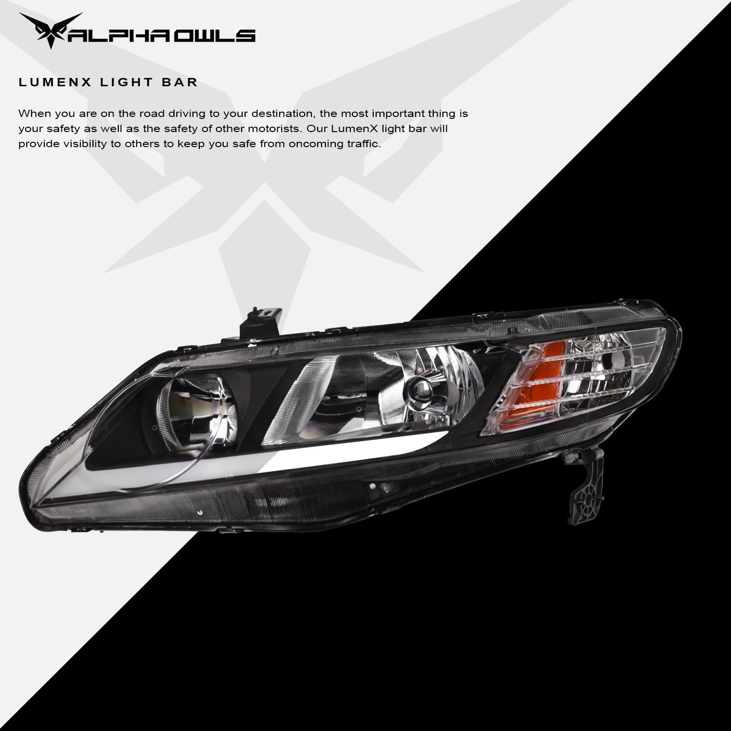 Alpha Owls 2006-2011 Honda Civic 4DR LM Series Headlights (Crystal Headlights Black housing w/ LumenX Light Bar)-C-Dub Tech