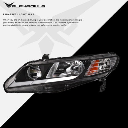 Alpha Owls 2006-2011 Honda Civic 4DR LM Series Headlights (Crystal Headlights Black housing w/ LumenX Light Bar)-C-Dub Tech