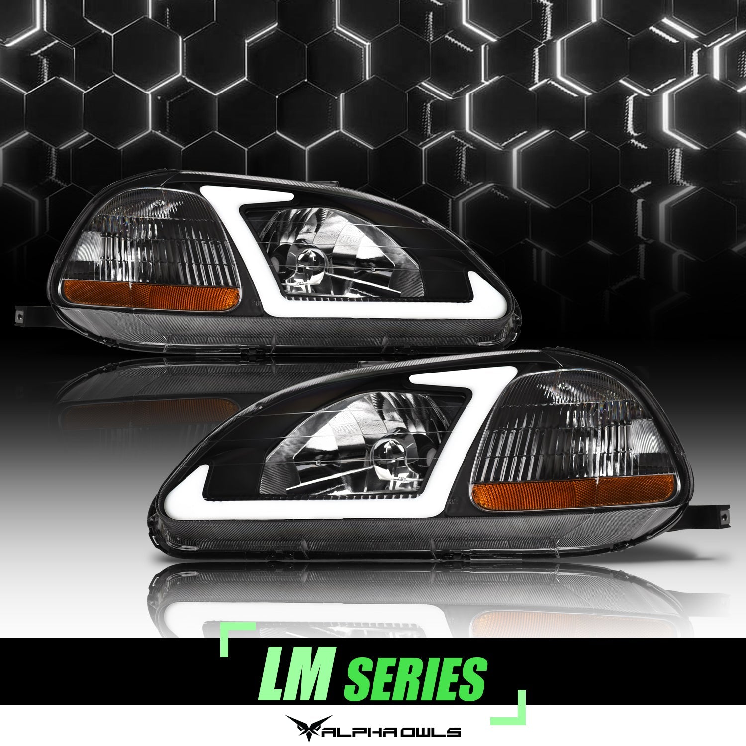 Alpha Owls 1996-1998 Honda Civic LM Series Headlights (Crystal Headlights Black housing w/ LumenX Light Bar)-C-Dub Tech