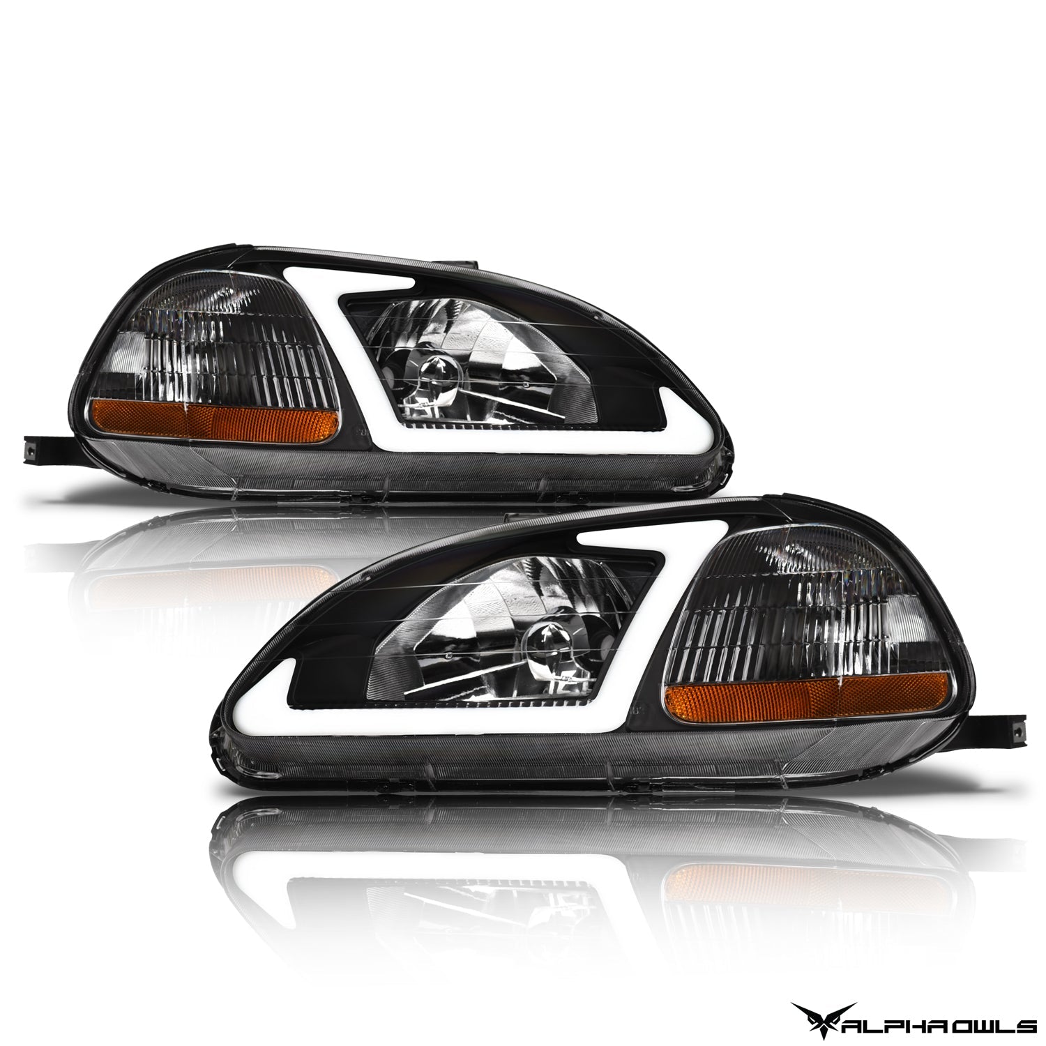 Alpha Owls 1996-1998 Honda Civic LM Series Headlights (Crystal Headlights Black housing w/ LumenX Light Bar)-C-Dub Tech