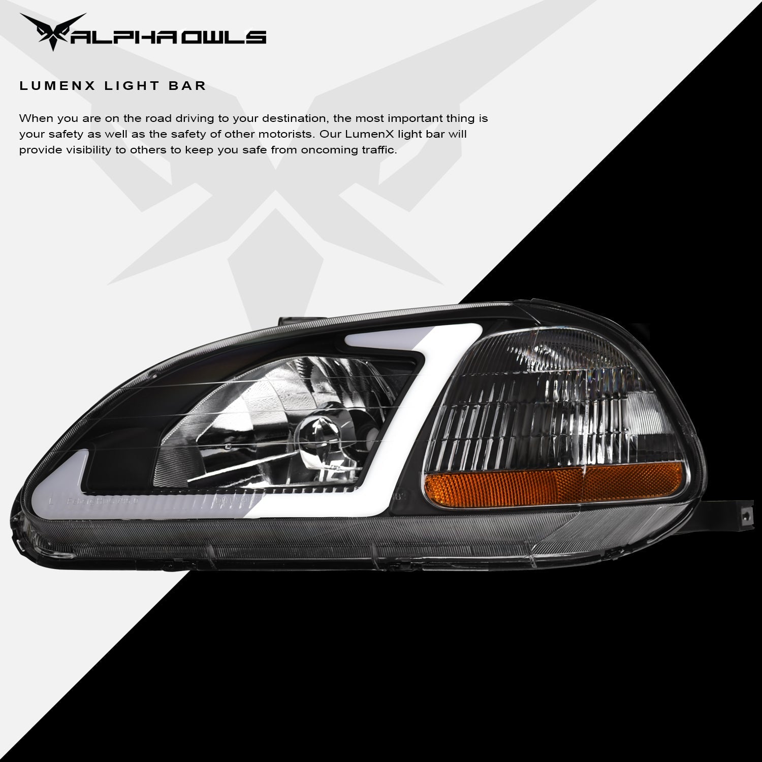 Alpha Owls 1996-1998 Honda Civic LM Series Headlights (Crystal Headlights Black housing w/ LumenX Light Bar)-C-Dub Tech