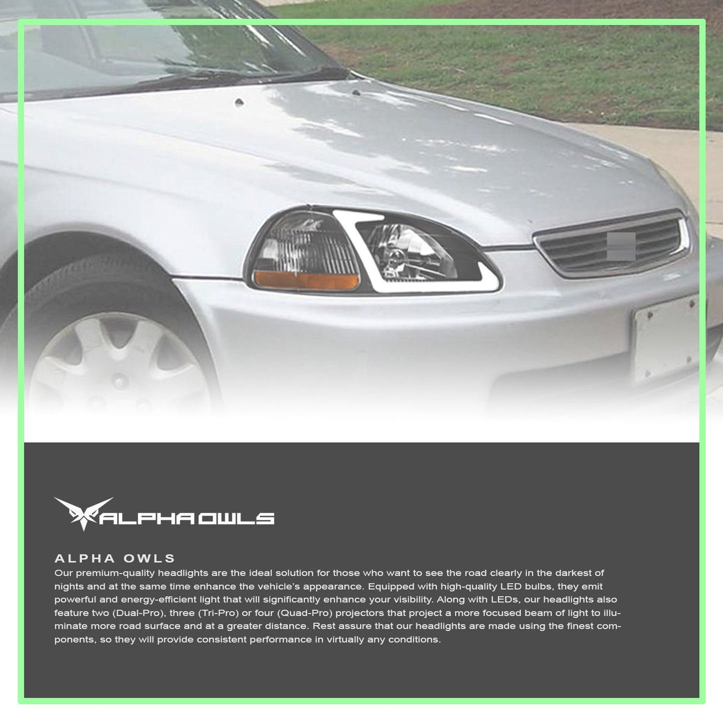 Alpha Owls 1996-1998 Honda Civic LM Series Headlights (Crystal Headlights Black housing w/ LumenX Light Bar)-C-Dub Tech
